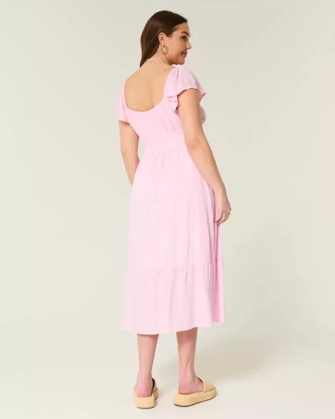 Flutter Sleeve Double-Tie Midi Dress