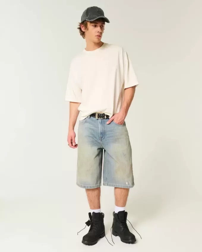 Greased Medium Wash Super Baggy Denim Shorts