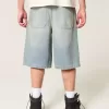 Greased Medium Wash Super Baggy Denim Shorts