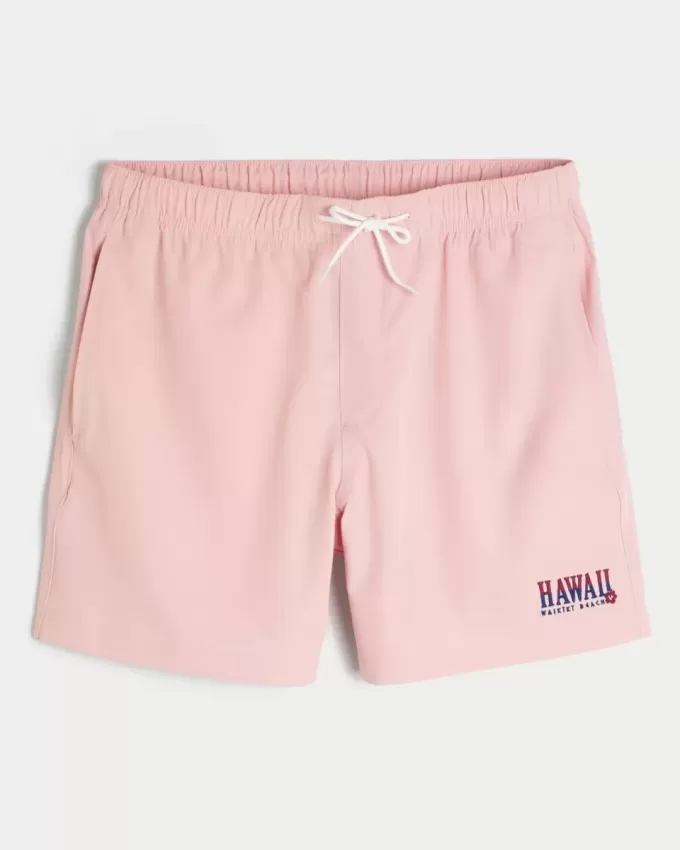 Hawaii Graphic Mid-Thigh Volley Swim Trunks