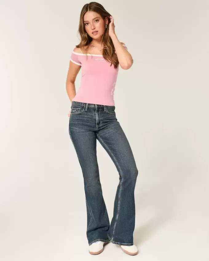 High-Rise Dark Wash Embroidered Florals Flare Jeans