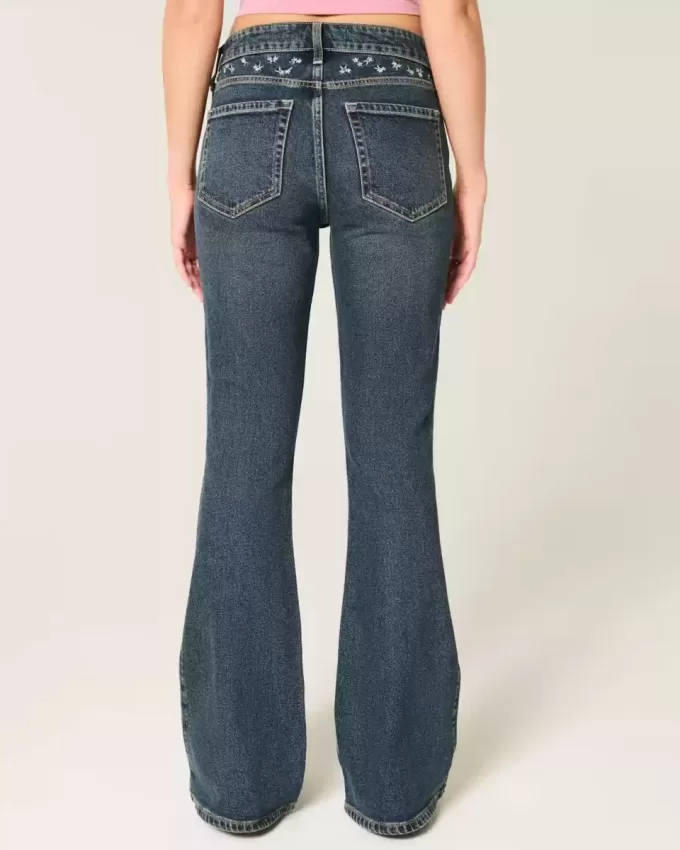 High-Rise Dark Wash Embroidered Florals Flare Jeans