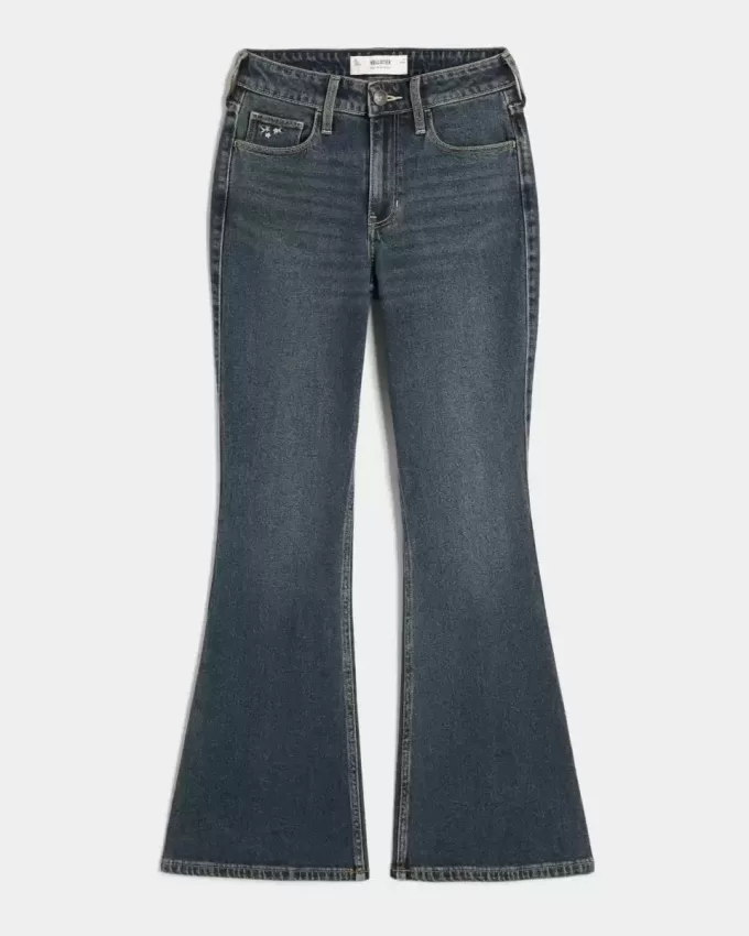 High-Rise Dark Wash Embroidered Florals Flare Jeans