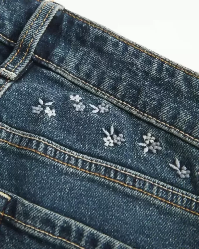 High-Rise Dark Wash Embroidered Florals Flare Jeans