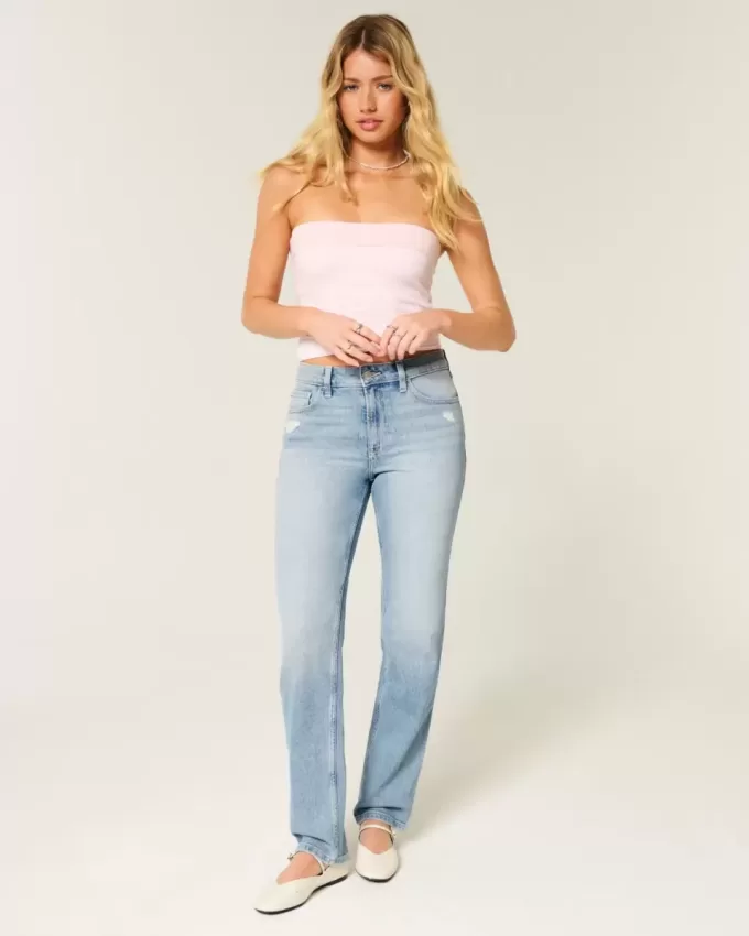 High-Rise Distressed Light Wash Straight Jeans