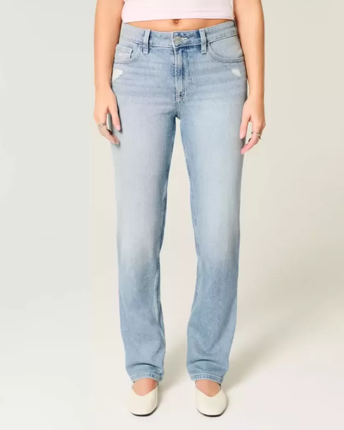 High-Rise Distressed Light Wash Straight Jeans