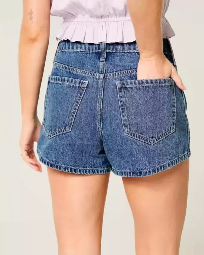 High-Rise Medium Wash Floral Embroidered A-Line Denim Shorts