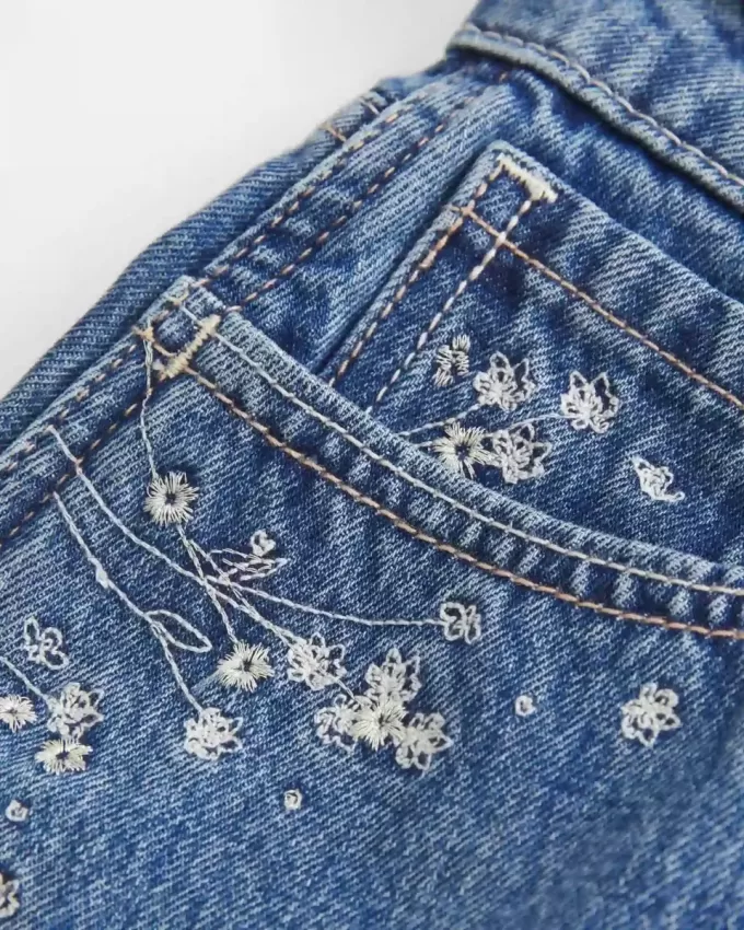 High-Rise Medium Wash Floral Embroidered A-Line Denim Shorts