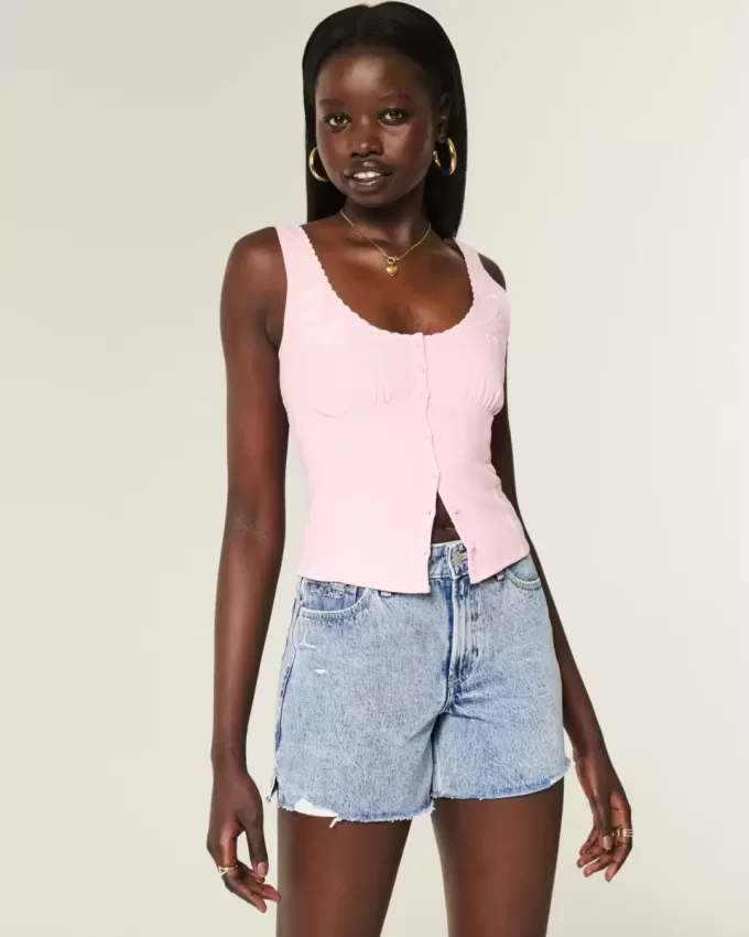 High-Rise Medium Wash Shell Embroidered Baggy Denim Shorts 5″