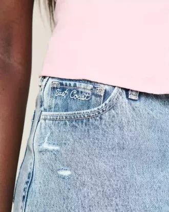 High-Rise Medium Wash Shell Embroidered Baggy Denim Shorts 5″