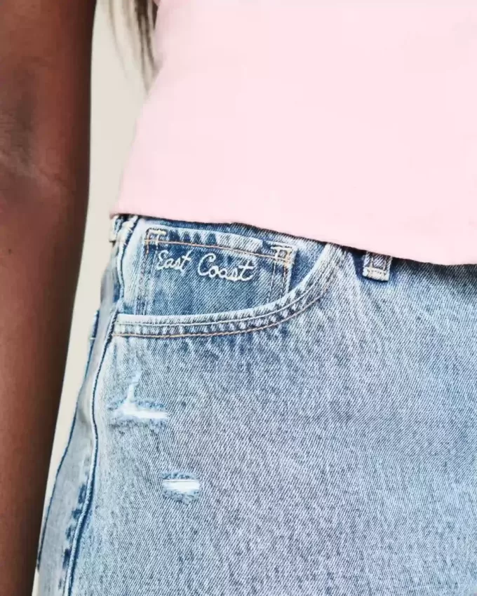 High-Rise Medium Wash Shell Embroidered Baggy Denim Shorts 5″