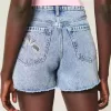 High-Rise Medium Wash Shell Embroidered Baggy Denim Shorts 5″