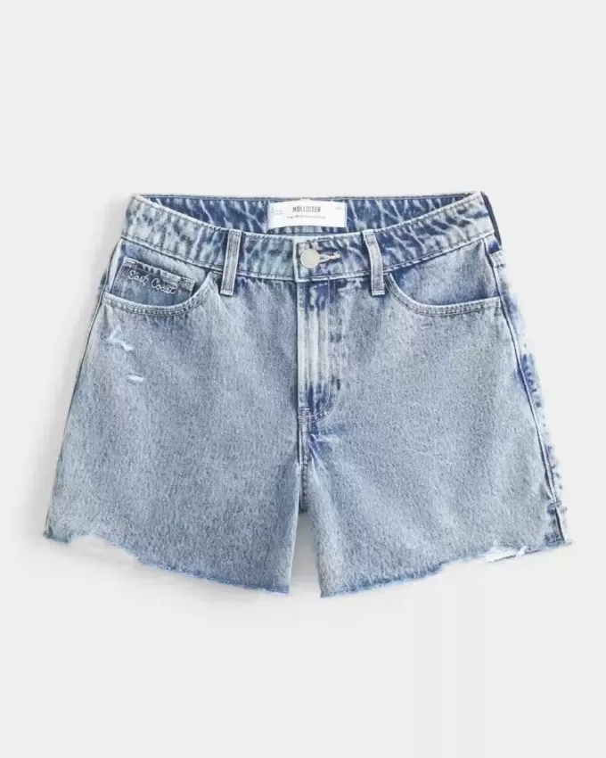 High-Rise Medium Wash Shell Embroidered Baggy Denim Shorts 5″