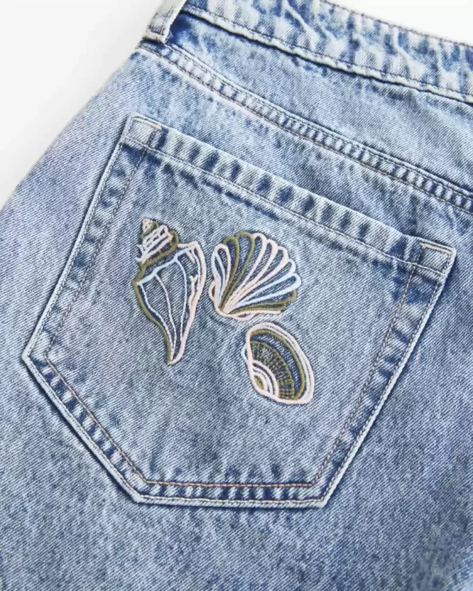 High-Rise Medium Wash Shell Embroidered Baggy Denim Shorts 5″