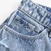 High-Rise Medium Wash Shell Embroidered Baggy Denim Shorts 5″