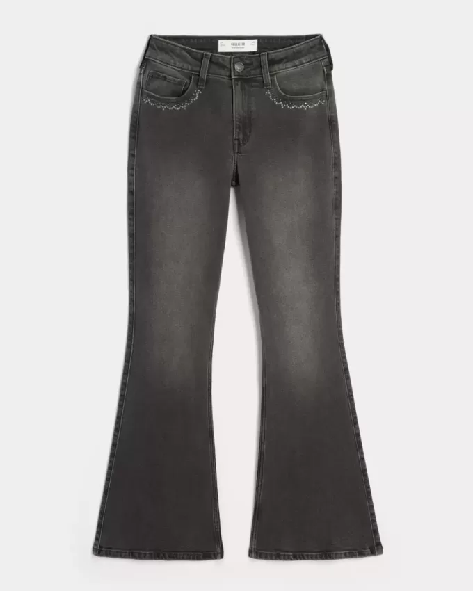 High-Rise Washed Black Embroidered Flare Jeans