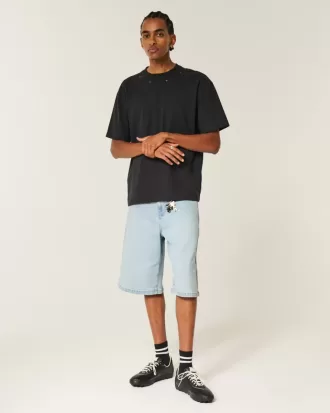 Light Wash Embellished Super Baggy Denim Shorts