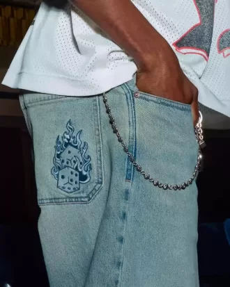 Light Wash Embroidered Dice Skater Baggy Jeans