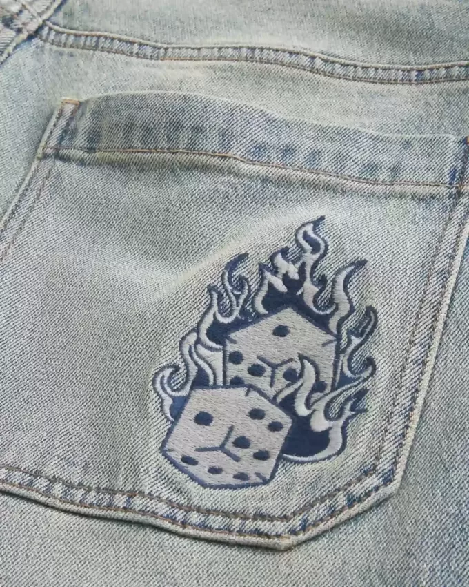 Light Wash Embroidered Dice Skater Baggy Jeans