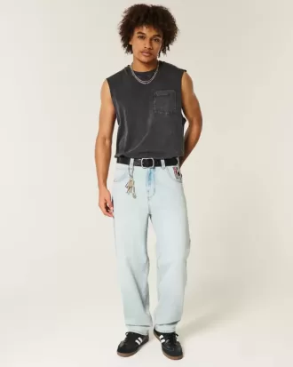 Light Wash Playing Card Graphic Skater Baggy Jeans