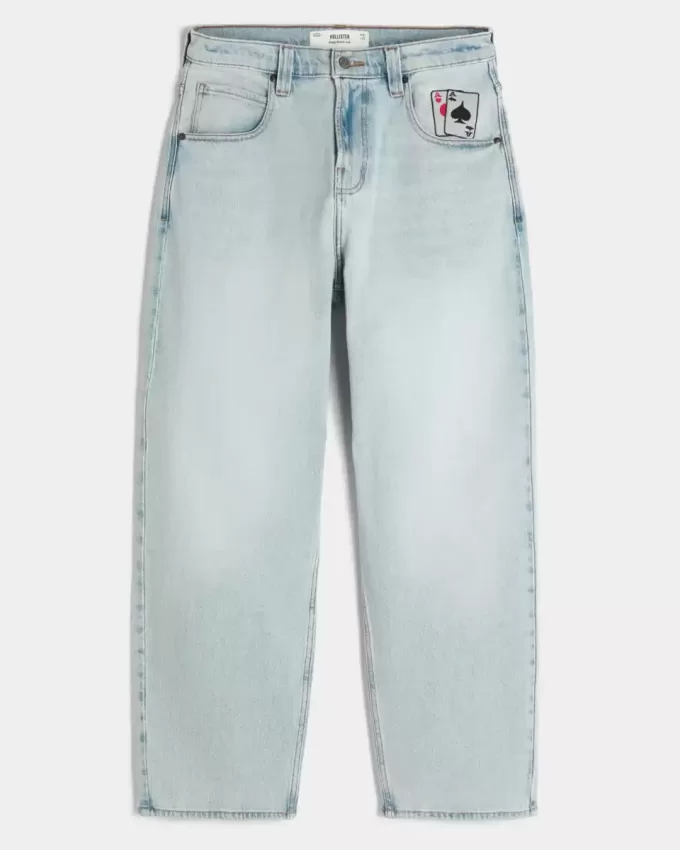 Light Wash Playing Card Graphic Skater Baggy Jeans