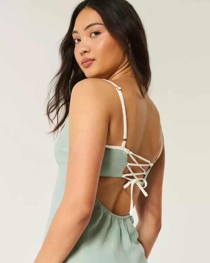 Linen-Blend Open-Back Slip Midi Dress