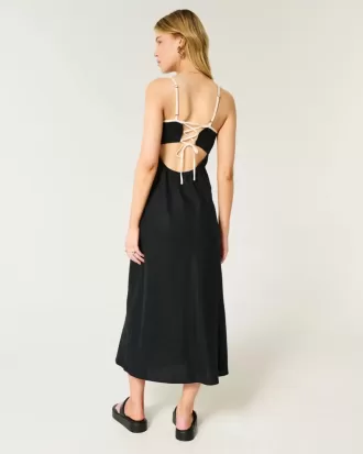 Linen-Blend Open-Back Slip Midi Dress