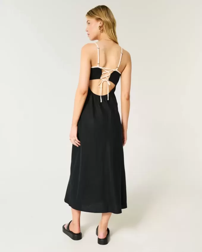 Linen-Blend Open-Back Slip Midi Dress