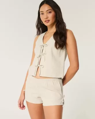 Linen-Blend Side Bow Soft Shorts