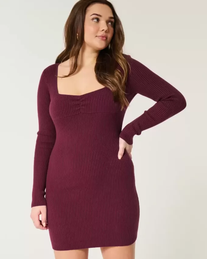 Long-Sleeve Cinch Bust Open-Back Sweater Dress