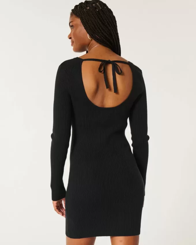 Long-Sleeve Cinch Bust Open-Back Sweater Dress