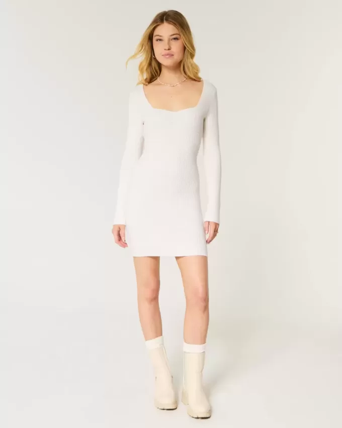 Long-Sleeve Cinch Bust Open-Back Sweater Dress