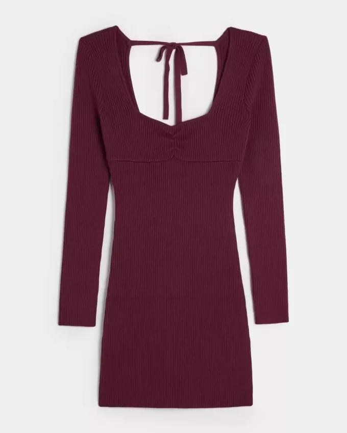 Long-Sleeve Cinch Bust Open-Back Sweater Dress