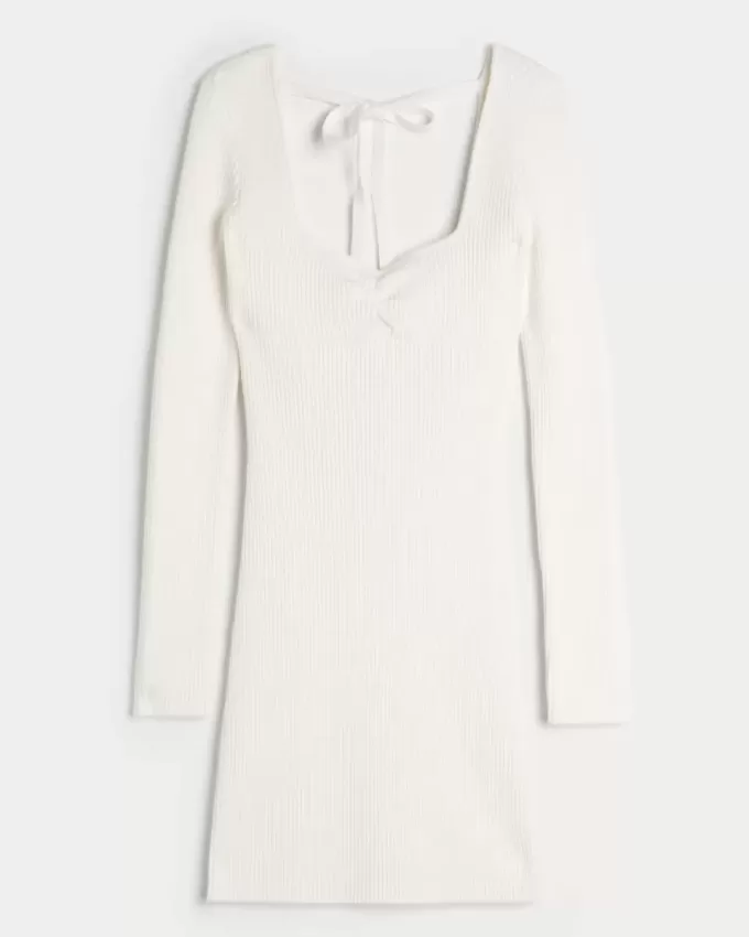 Long-Sleeve Cinch Bust Open-Back Sweater Dress