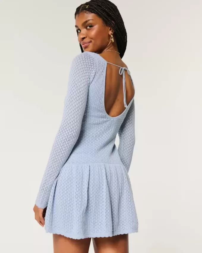 Long-Sleeve Crochet-Style Mini Skater Dress