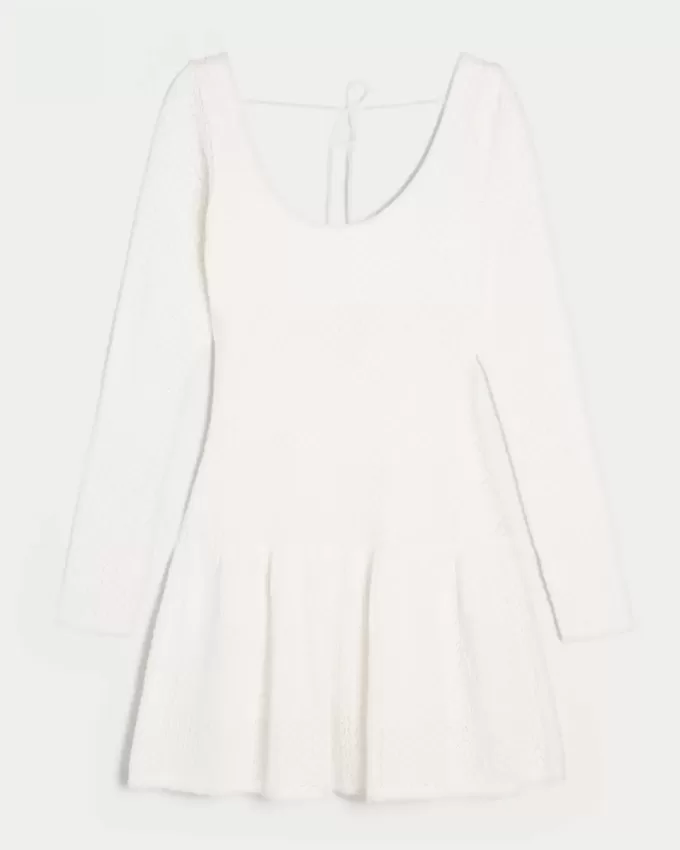 Long-Sleeve Crochet-Style Mini Skater Dress