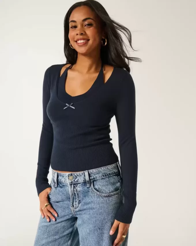 Long-Sleeve Halter Tie Sweater