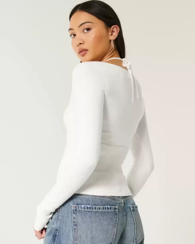 Long-Sleeve Halter Tie Sweater