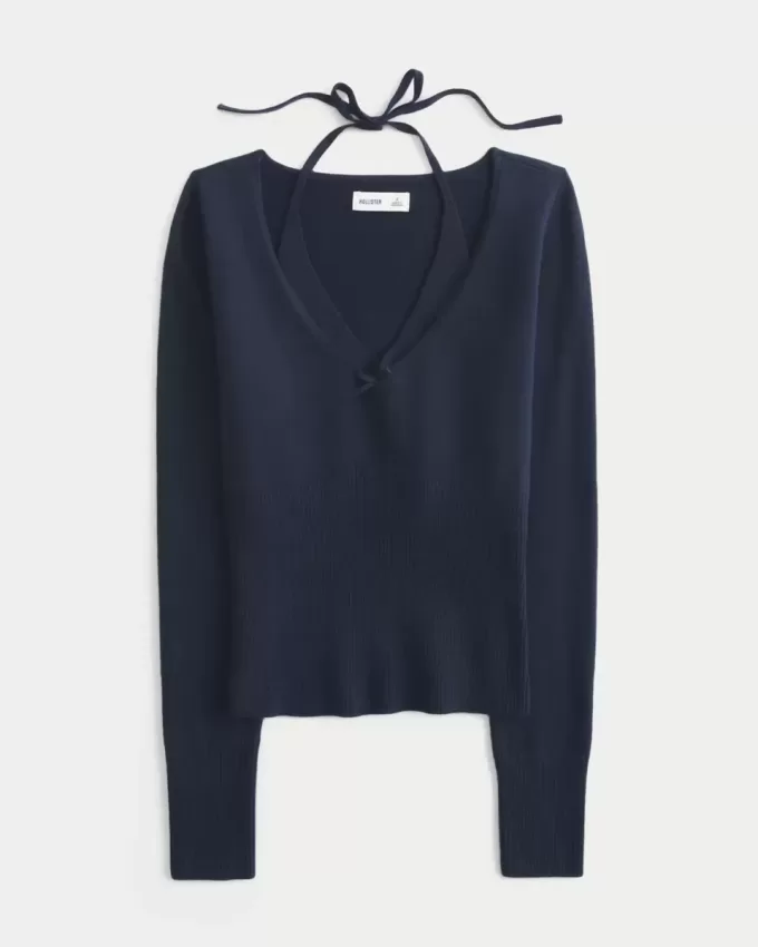 Long-Sleeve Halter Tie Sweater