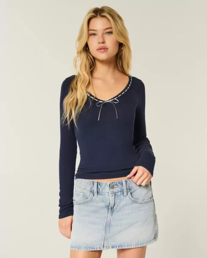 Long-Sleeve Lace Trim Top