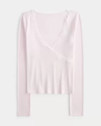 Long-Sleeve Lace Trim Wrap Top