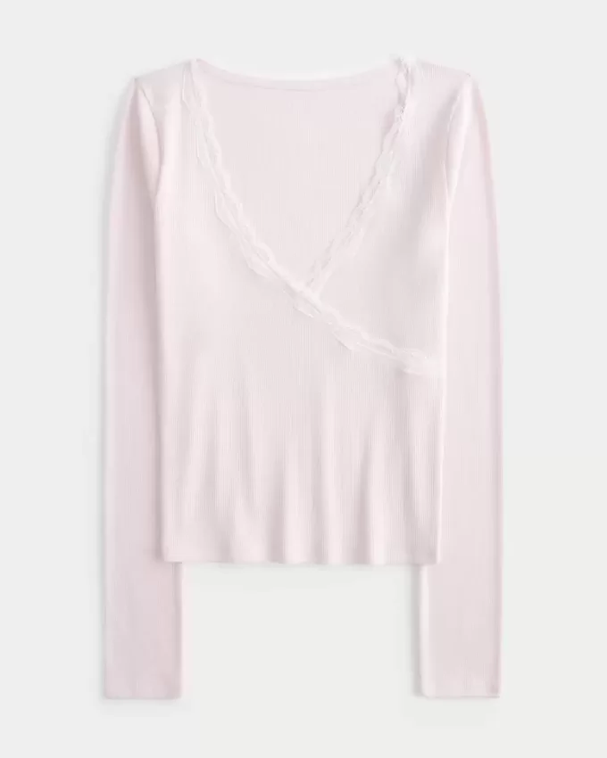 Long-Sleeve Lace Trim Wrap Top