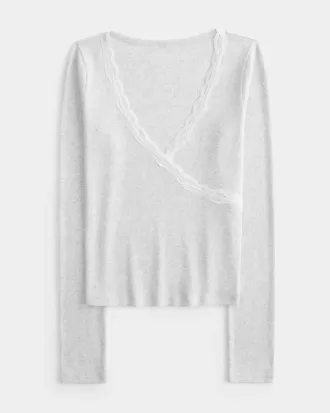 Long-Sleeve Lace Trim Wrap Top