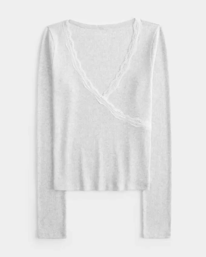 Long-Sleeve Lace Trim Wrap Top