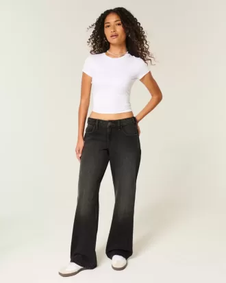 Low-Rise Adjustable Waist Washed Black Baggy Jeans