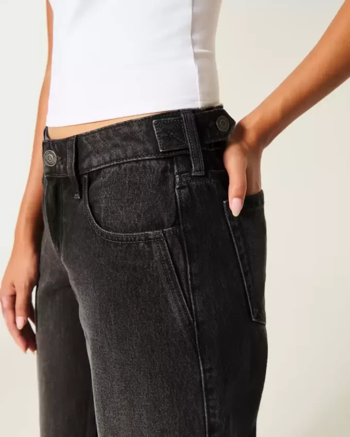 Low-Rise Adjustable Waist Washed Black Baggy Jeans