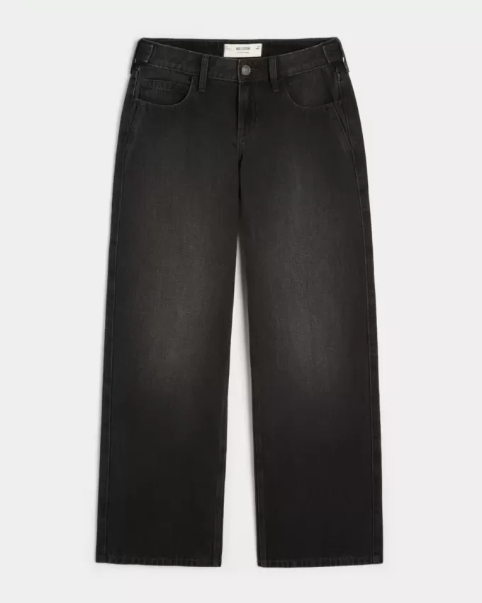 Low-Rise Adjustable Waist Washed Black Baggy Jeans
