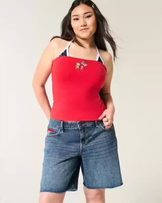 Low-Rise Dark Wash American Flag Graphic Baggy Jort