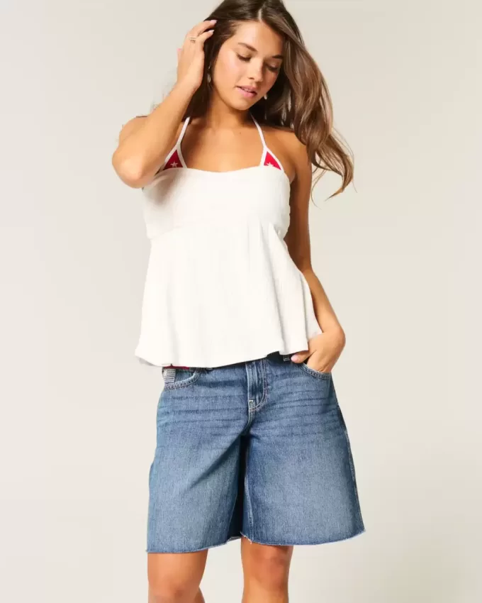 Low-Rise Dark Wash American Flag Graphic Baggy Jort