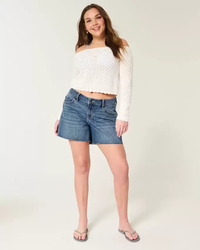 Low-Rise Dark Wash Baggy Denim Shorts 5″